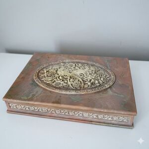 Vtg Hand Carved Stone Decorative Jewelry Box Ornate Peacock Floral Motif Large